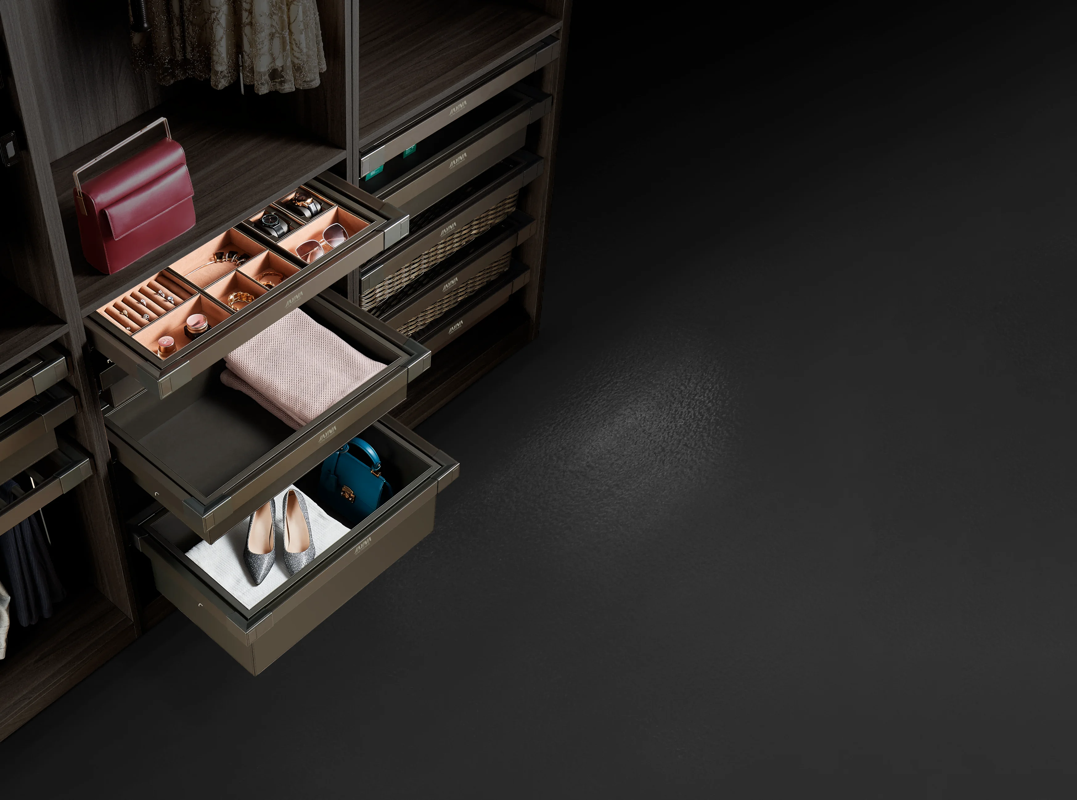 JAYNA GALAXY Modulare Soft-Close-Wandhalterung, abnehmbarer Edelstahl, Holz, Aluminium, Aufbewahrungs-Hardware-Zubehör, Doppeldämpfer