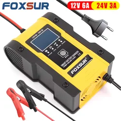 FOXSUR Smart Car Battery Charger 12V 24V 6Amp for Motorcycle Tractor SUV Boat Lithium AGM Lead Acid LiFePO4 Batteries Desulfator
