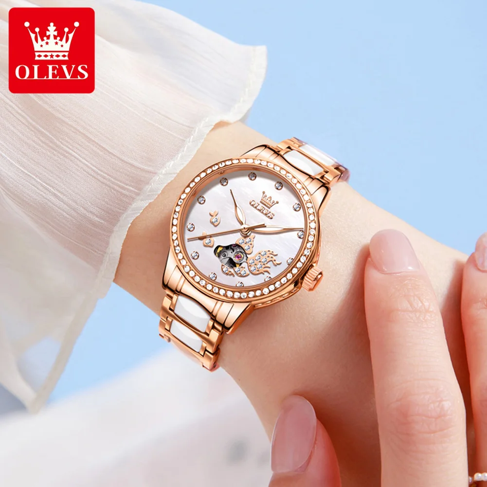 OLEVS Luxury Brand Mechanical Automatic Women Watch Elegant Ceramic Strap Original Ladies Hand Clock