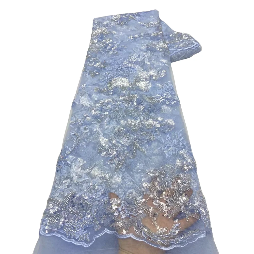 

African Mesh Lace Fabric L-14062811 With Sequins High Quality French Embroidery Tulle Beaded Lace Fabric for Women Wedding Dress