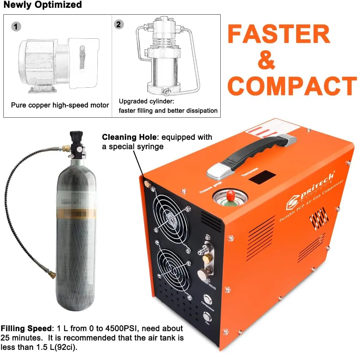 VE3 PCP Air Auto-Stop 4500Psi/30Mpa Oil/Water-Free Air Gun and Paintball Tank Pump with Water/Oil Separator