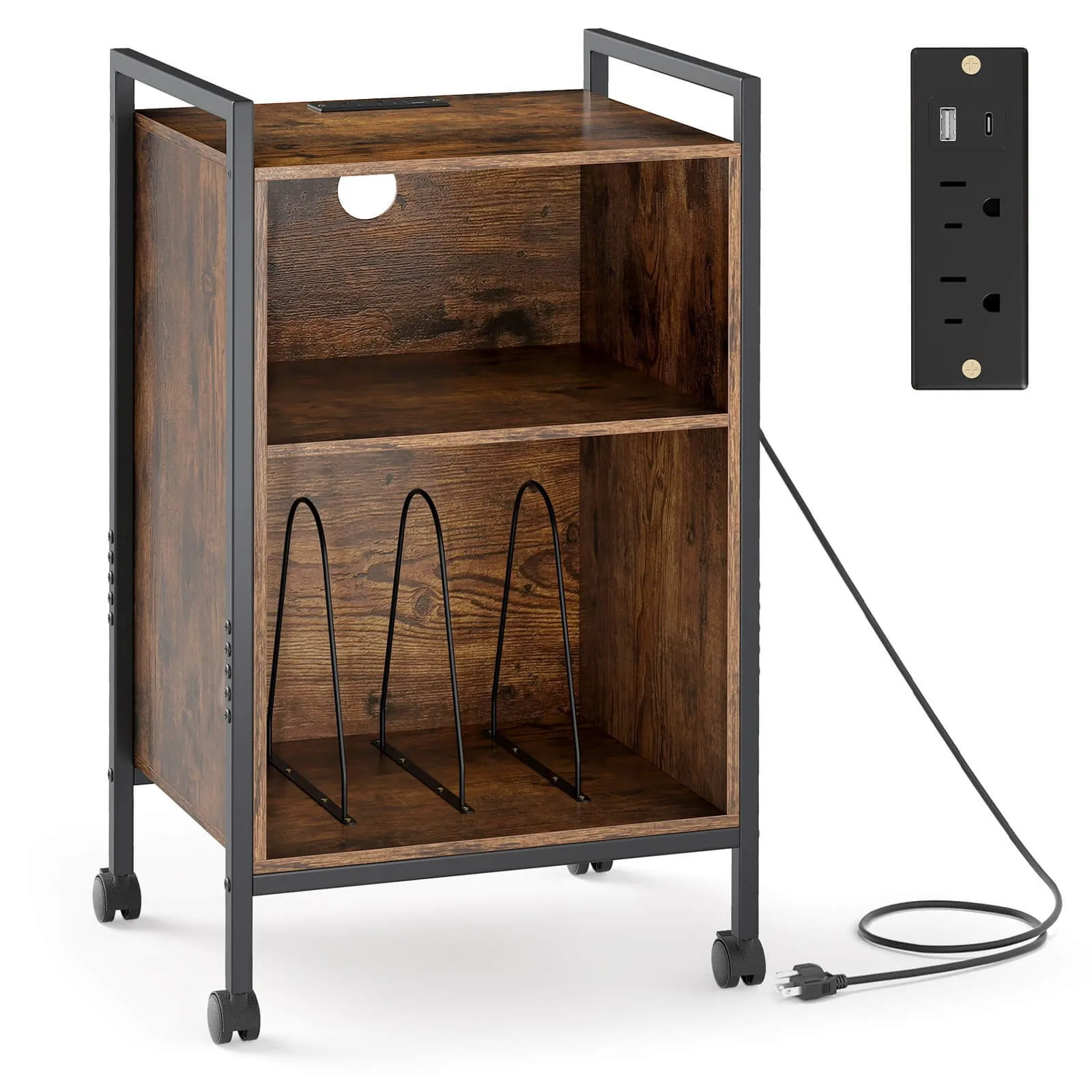 

3-Tier Rolling Record Player Stand w/Charging Station Open Shelves for Bedroom