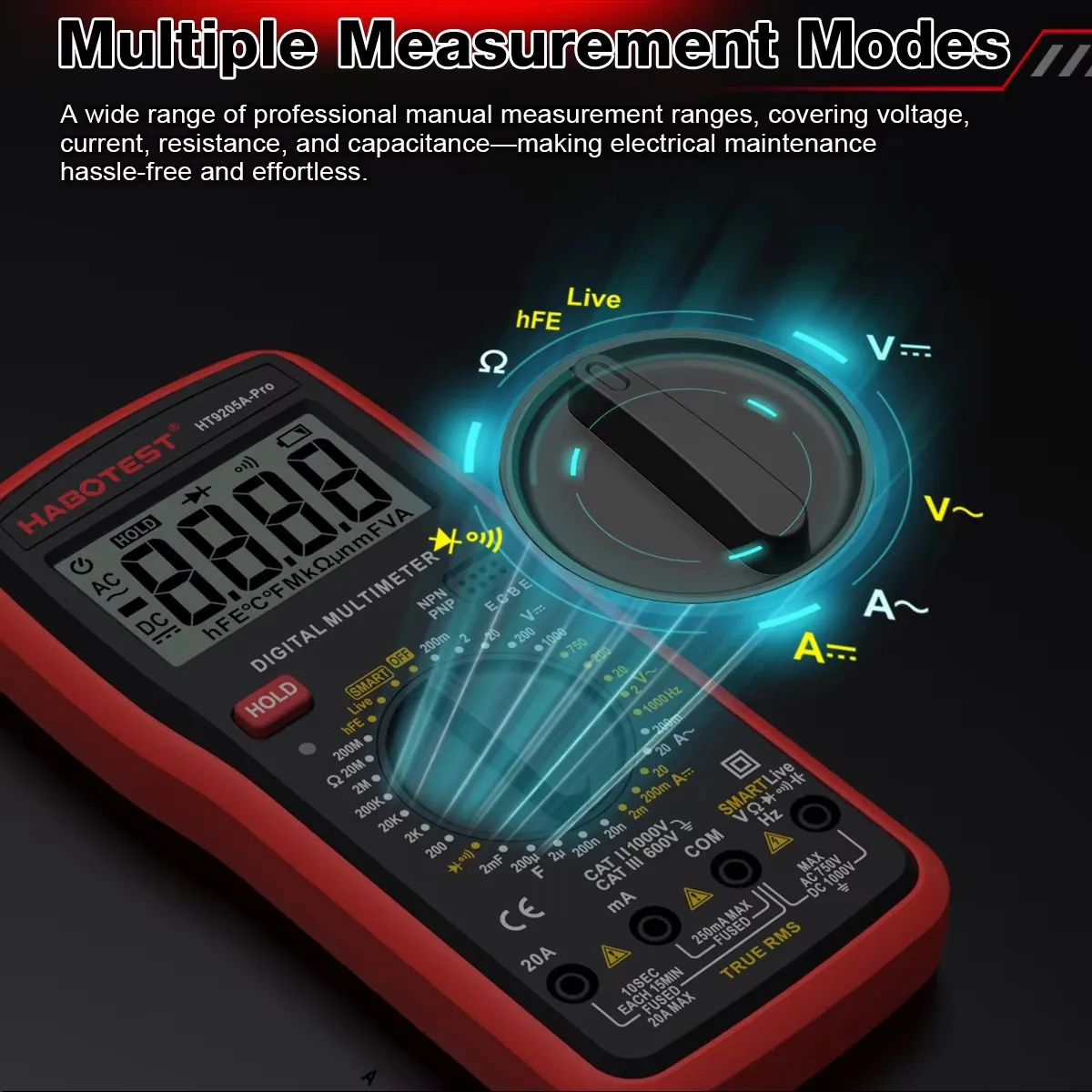 HABOTEST HT9205A-PRO True RMS Digital Multimeter 2000 Counts AC/DC Voltage Current Resistance Capacitance Electrician Tester