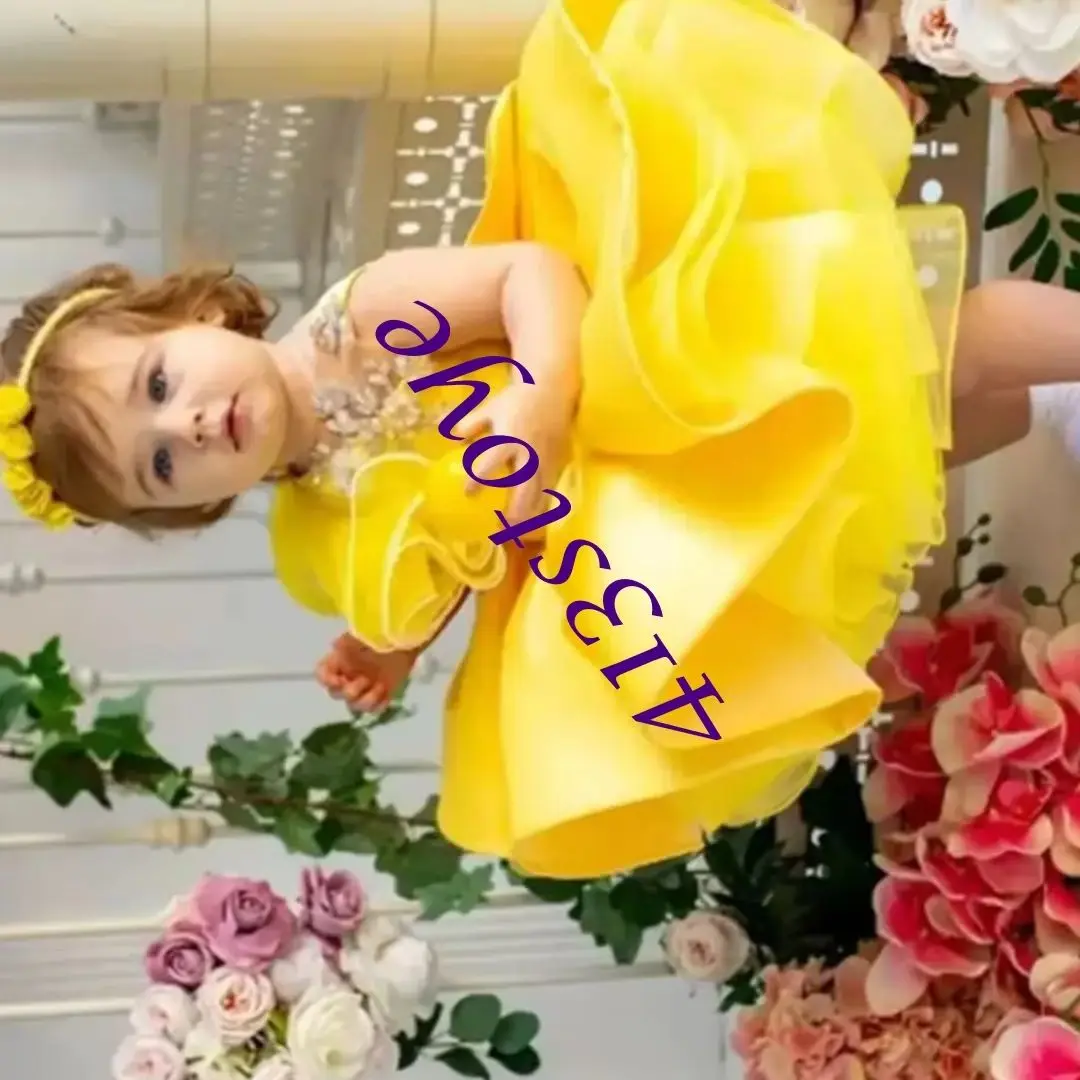 

Customized Yellow Flower Girl Dresses For Wedding Appliques Sleeveless Knee Length Baby Birthday Party First Communion Ball Gown