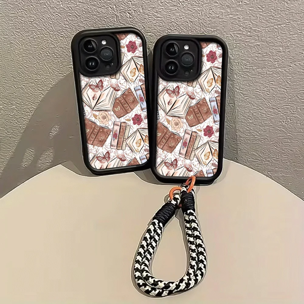 Bücher Schmetterlinge Blumen Riemen Seil Handyhülle für iPhone 14 15 16 17ProMax 15 14 13 Pro Plus Stoßfeste Matte Silikonhülle – Detail 2