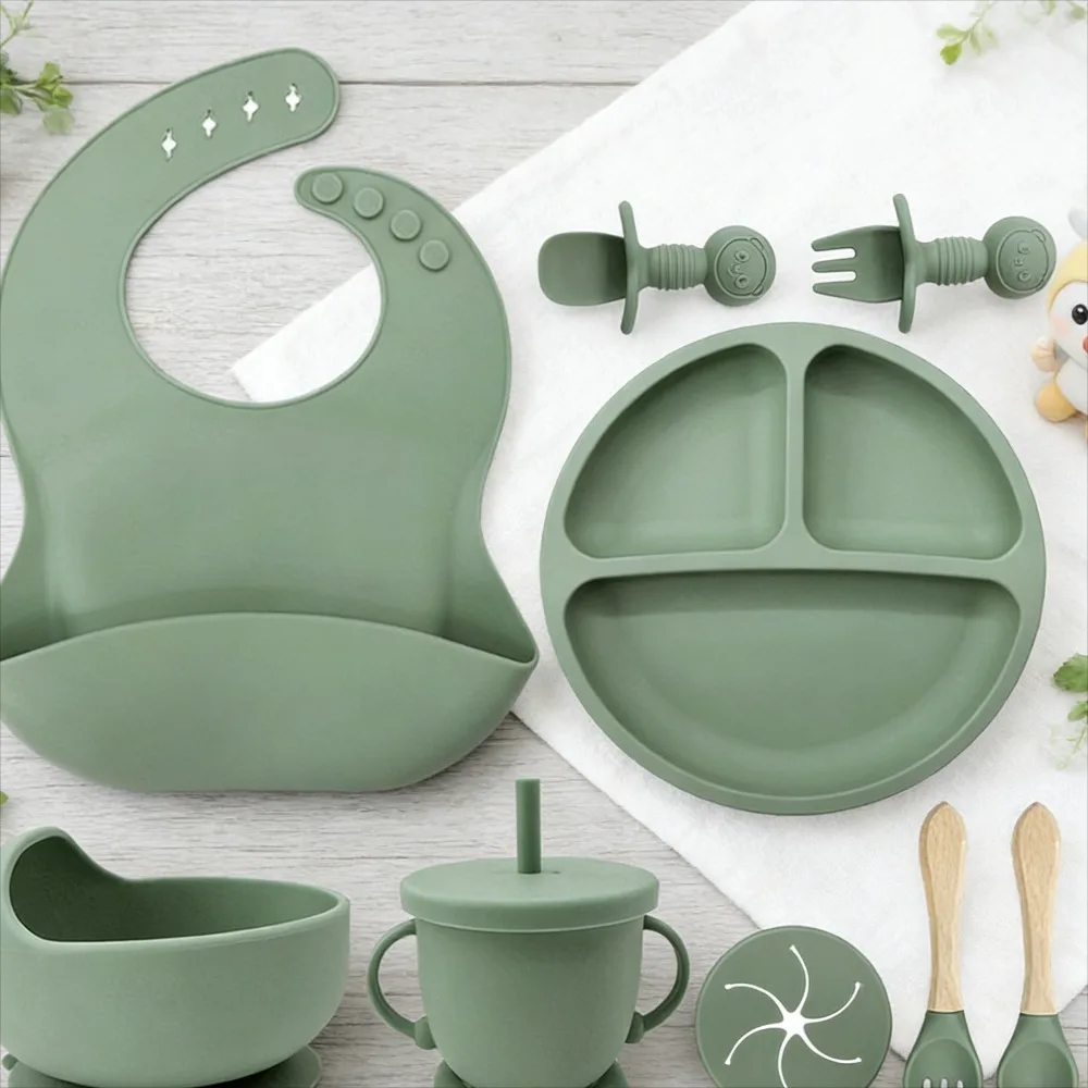 

Baby Feeding Bib Suction Cup Bowl Fork Spoon Toddler Silicone Plate Baby Silicone Tableware Feeding Set