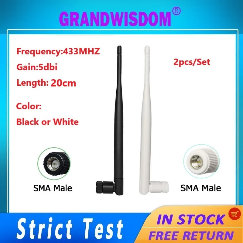 

2pcs 433MHZ antenna gain 5dbi sma male black white for smart home kit alarm gas sensor meter testing lora wan IOT