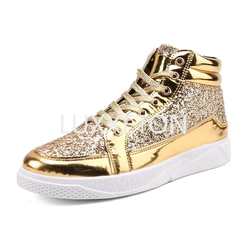 

2023 Fashion Men High Top Sneakers Male Ankle Boots Gold Luxury Glitter Shoes Streetwear Hip Hop Casual Boots Chaussures Homme