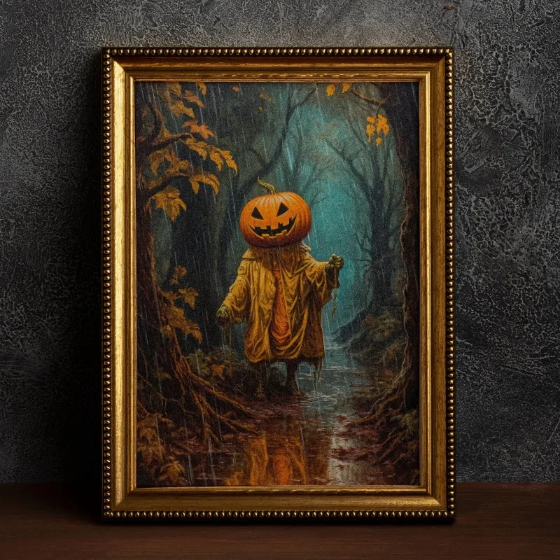 Vintage Pumpkin Head Monster Wall Art Print Spooky Rainy Dark Forest Halloween Creepy Fall Season Home Decor Unframed Canvas