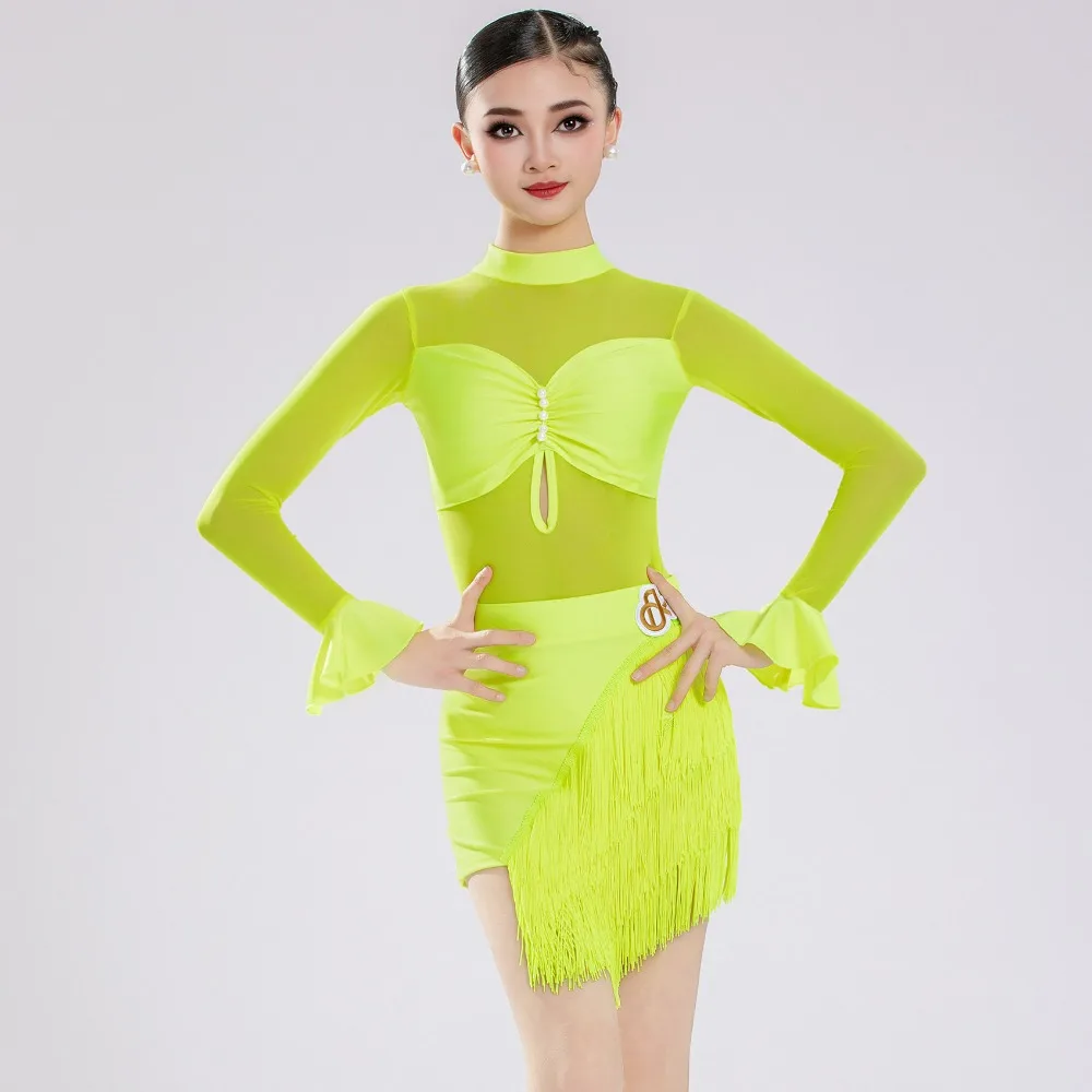 

Женское платье для латиноамериканских танцев с высоким воротом, неоново-зеленое, с сетчатыми вставками и бахромой, для бальных танцев и сальсы, тренировочный костюм