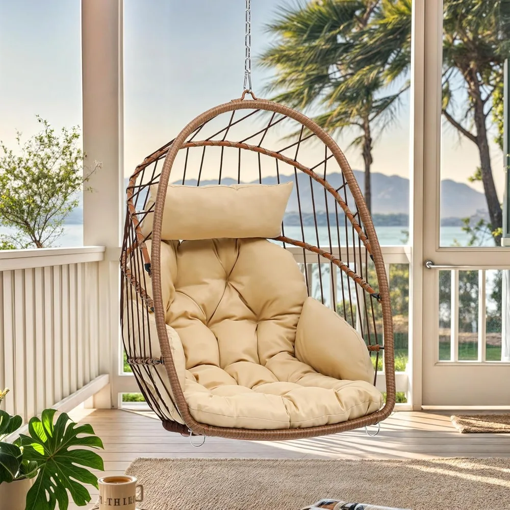 

Hanging Egg Chair, Patio Wicker Hammock Egg Chair Basket Chair Swing with Cushion, Outdoor Rattan Egg Outdoor Swing Chair