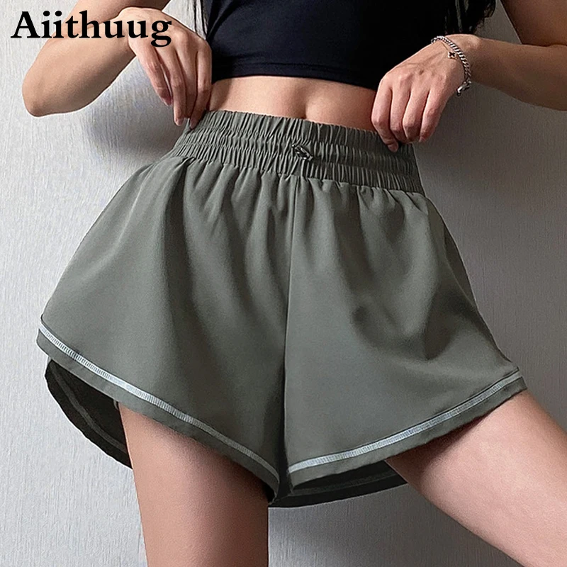 Aiithuug 2 In 1 Inside Pocket Yoga Pants Women's Elastic Waistband Loose Seamless Shorts Fast Drying Fitness Workout Sportwears