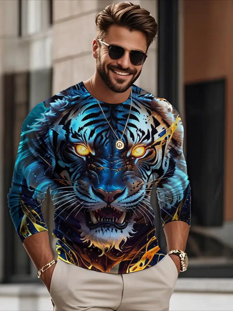 

3D Print Tiger Lion Graphic Men's Long Sleeve T-Shirts Autumn Trend Cool Daily Casual Round Neck Pullover Loose Comfortable Tops