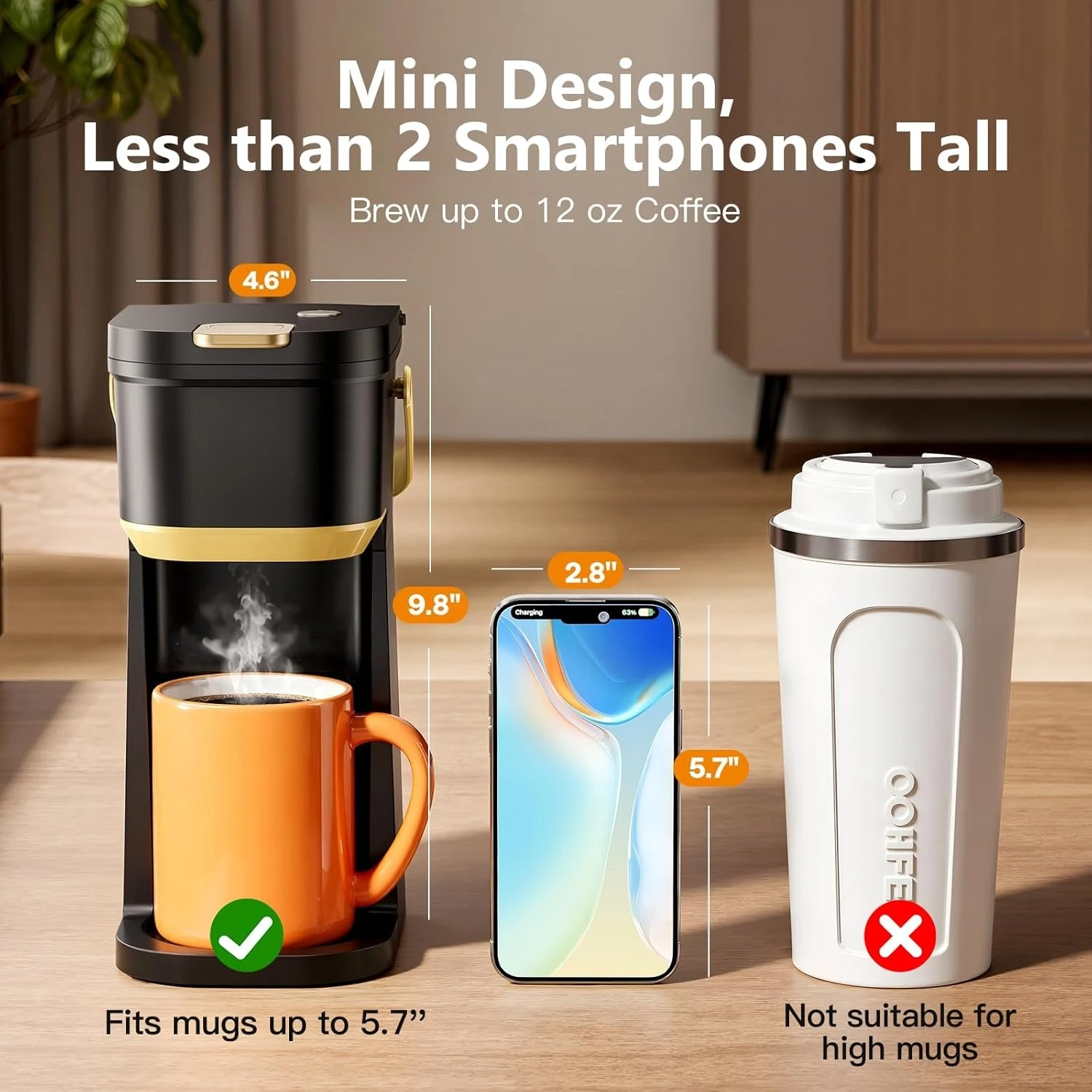 

Single Serve One Cup Coffee Maker,for K Cups and Grounds, Mini Coffee Maker with Portable Handle,6 to 12 Oz Brew Size,for Travel