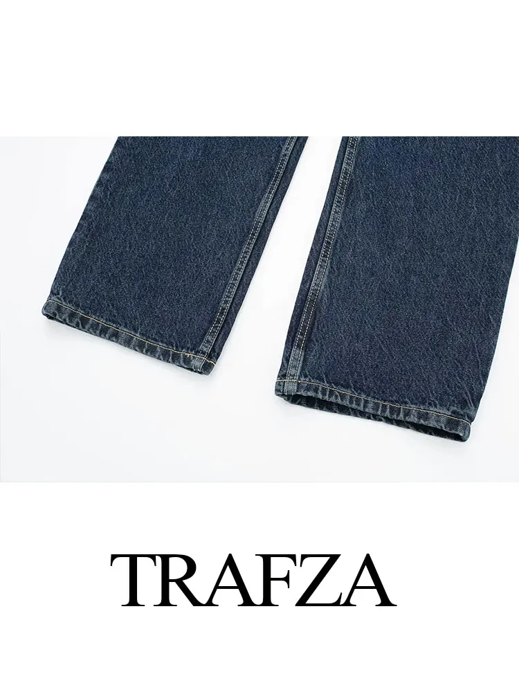 TRAFZA 2024 Autumn Fashion Dark Blue Jeans For Women Denim Solid With Pockets High Waist Street Straight Pants Retro Trousers