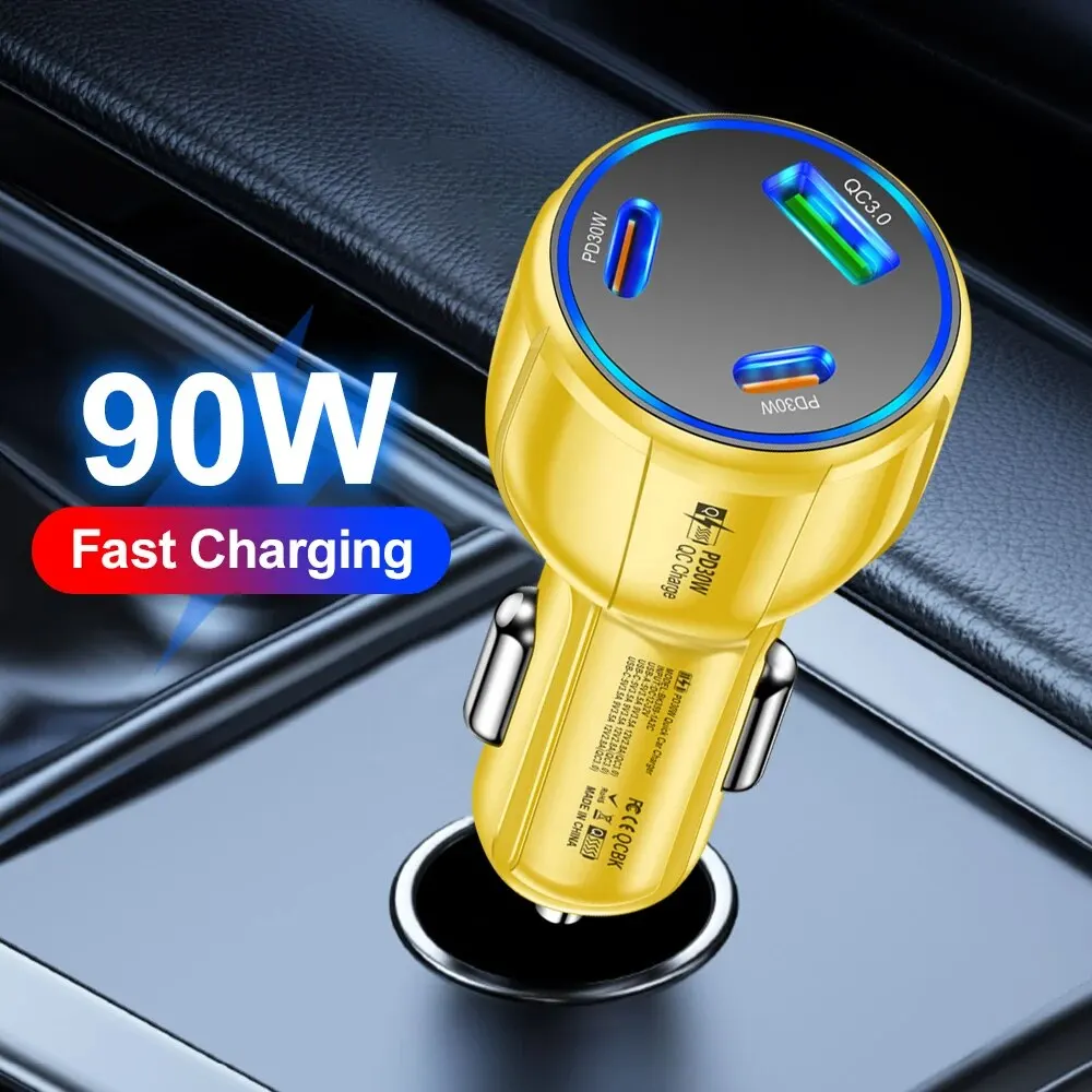 Total 90W Car Charger USB Type C PD Fast Charging Quick Charger QC PD 3.0 For iPhone 15 14 Xiaomi Samsung Car Cigarette Lighter