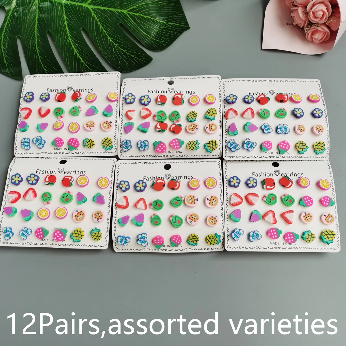 12Pair/lot Multi-style Colorful Fruit Flower Geometric Stud Earrings Set For Girls Alloy Earrings Jewelry Gifts Cheap Stuff