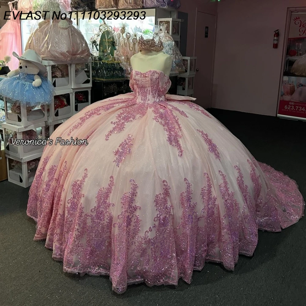 

EVLAST индивидуальное блестящее розовое платье Quinceanera с блестками, бальное платье с кружевной аппликацией и бусинами, бантом Sweet 16, Vestidos De 15 Anos E1QN421