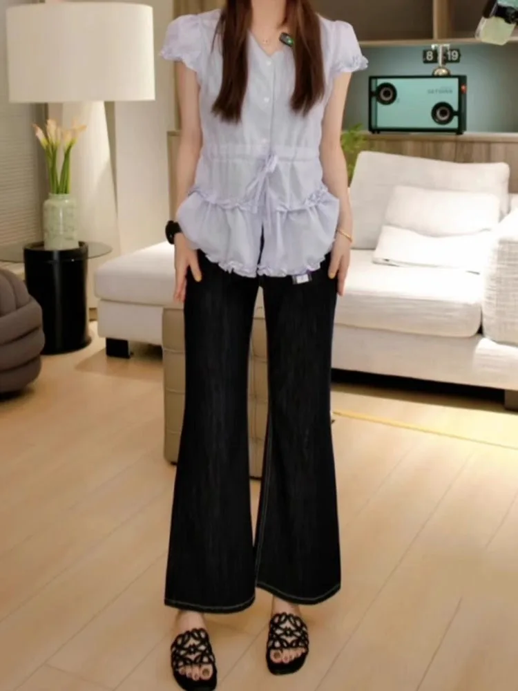 Deep Blue Silk Micro Flared Jeans Women's Spring Thin Large Size Pear Shape High Waist Slimming Eighteen Bell Bottoms