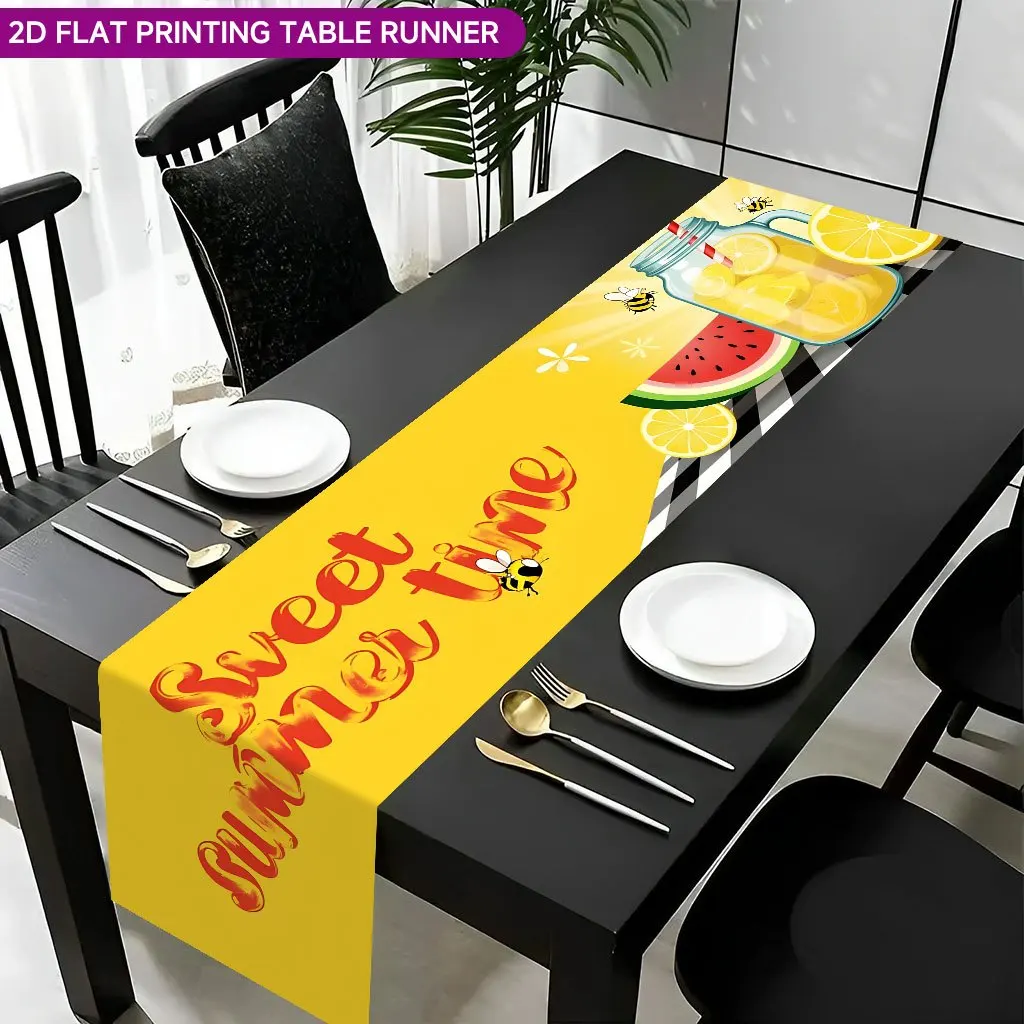 1pc Lemon Iced Drink Table Runner with Lemon Slice Print - Summer Fruit Beverage Table Cover