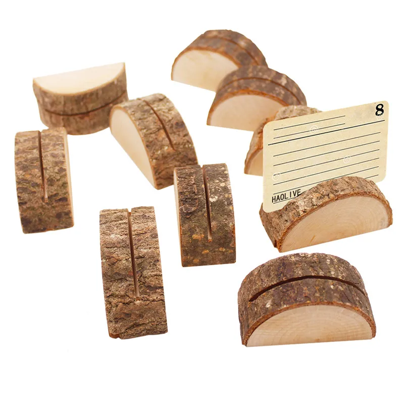 1 pz/lotto Porta carte in legno semicircolare naturale Ceppo di legno Porta carte per festa di nozze Supporto per menu da scrivania Clip per foto