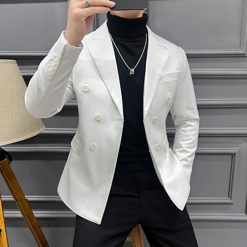 Men Double-breasted Slim Fit Blazer Jackets Solid Color Long Sleeve Lapel Business Suit Coat Outwear Brand Mens Casual Tuxedo