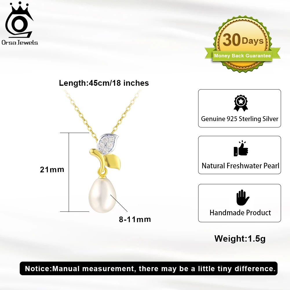 ORSA JEWELS 925 Sterling Silver Natural Freashwater Pearl Sapling Necklace Women‘s Pearl Pendant Birthday Gift Jewelry GPN43