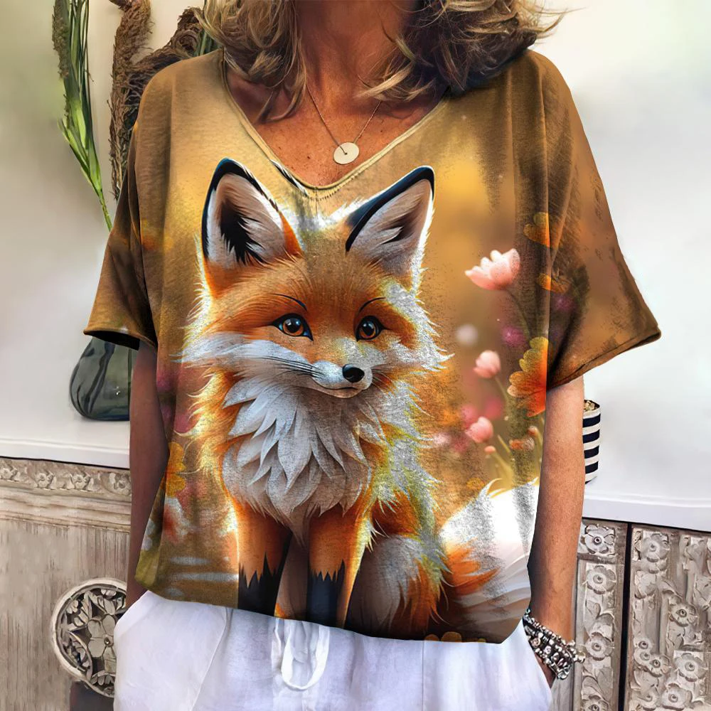 Cartoon Fox 3D Print T-Shirts Women Vintage V-Neck Short Sleeve T Shirt Y2K Animal Tees Oversized Harajuku Tops Female Clothing