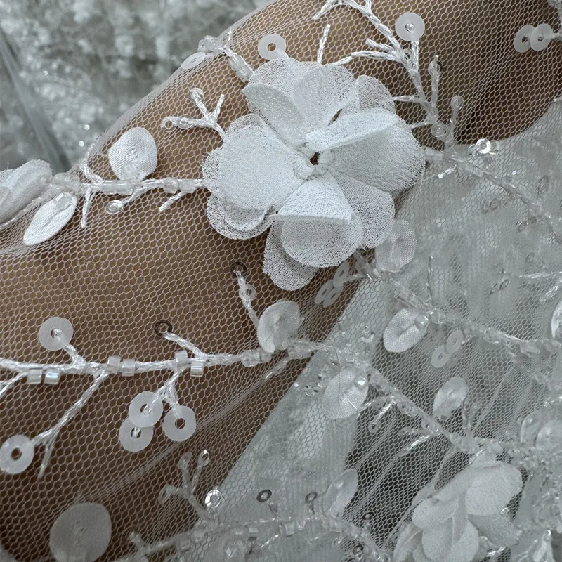 

Новая кружевная ткань, 3D бархатные цветы, вышитые ветки, бисер, блестки, жемчуг, вышивка, свадебное платье, вечернее платье, торжественная одежда