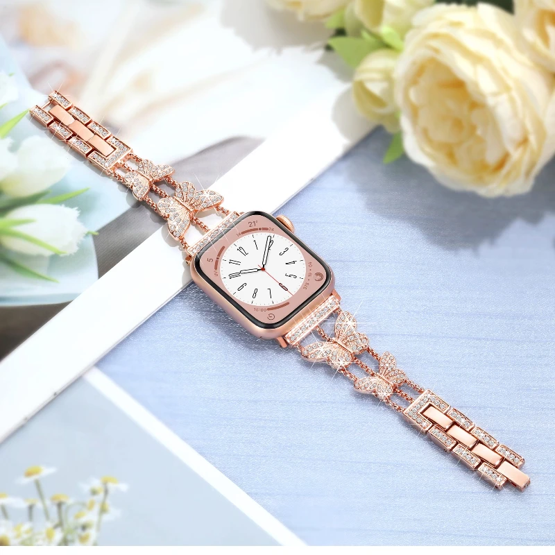 Correa elegante de mariposa con diamantes para Apple Watch Band 42mm 46 38 40 44 41 45 49mm pulsera de mujer iWatch Series Ultra 10 9 8 7 6