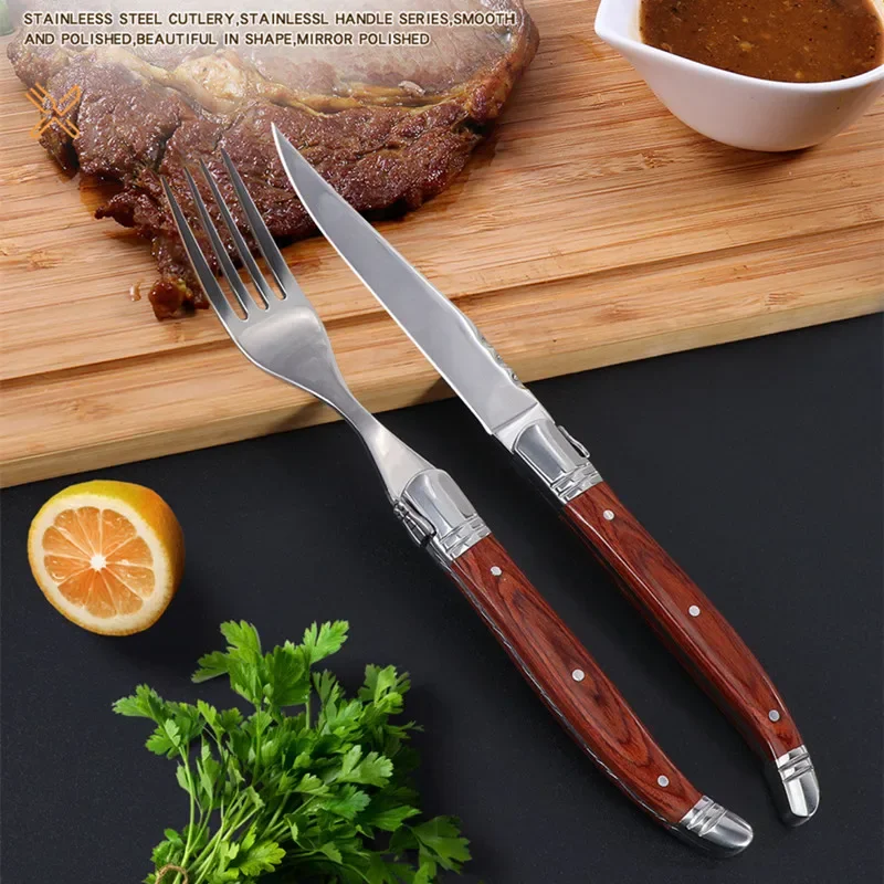 Laguiole Cutlery Stainless Steel Steak Knife Fork Red Wood Tablewares Steak Knives Solid Wood Handle Forks Flatware Set 2-6Pcs