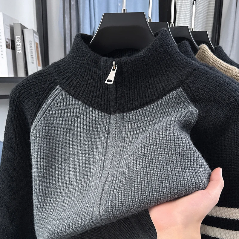 High End Men's Knitted Cardigan Fashion Brand Stripes Zipper Design Mock Neck Autumn Winter New Personalized Casual Sweater Coat