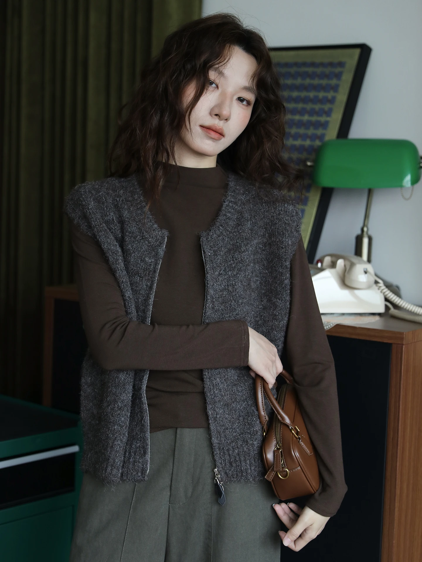 

Double Zipper Knitted Vest Women's Svel round Ne Sweater Versatile Layering Lazy Sle Commute Faion Outerwear