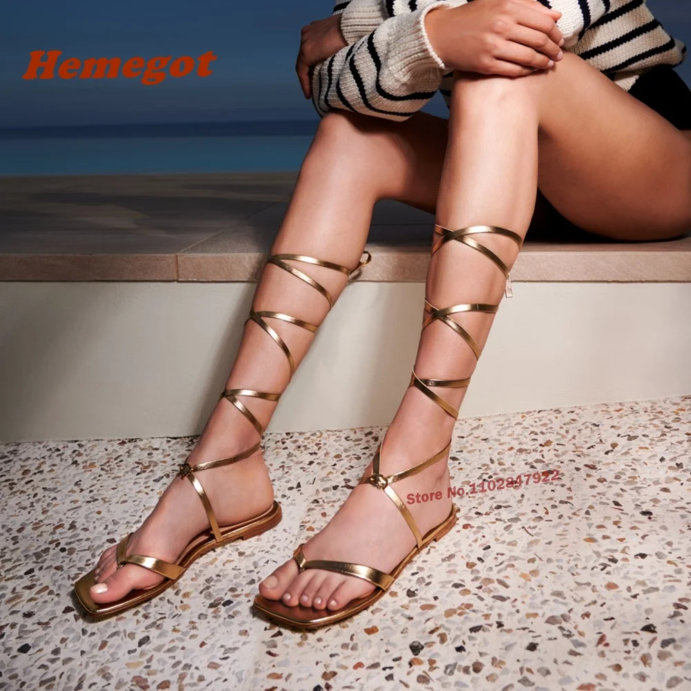 Pinch Toe Cross Strap Sandals Flat with Square Toe Gold Lace Up Summer Sandals for Female Newest Plus Size 42 Runway Shoes Sexy