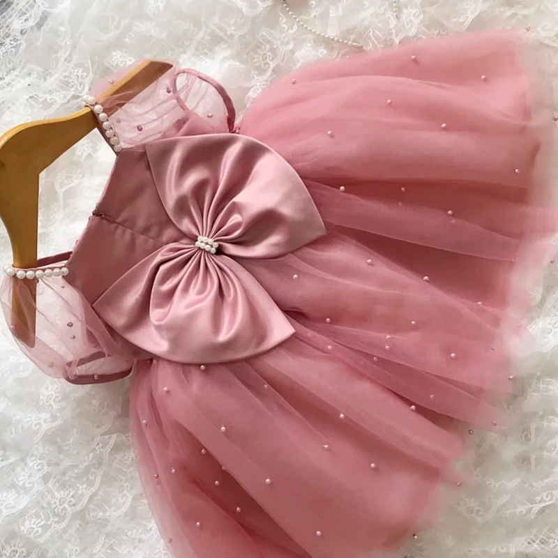 Dusty Pink Flower Girl Dresses Tulle Appliques Pearl Skirt With Bow Short Sleeve For Wedding Birthday Party First Communion Gown