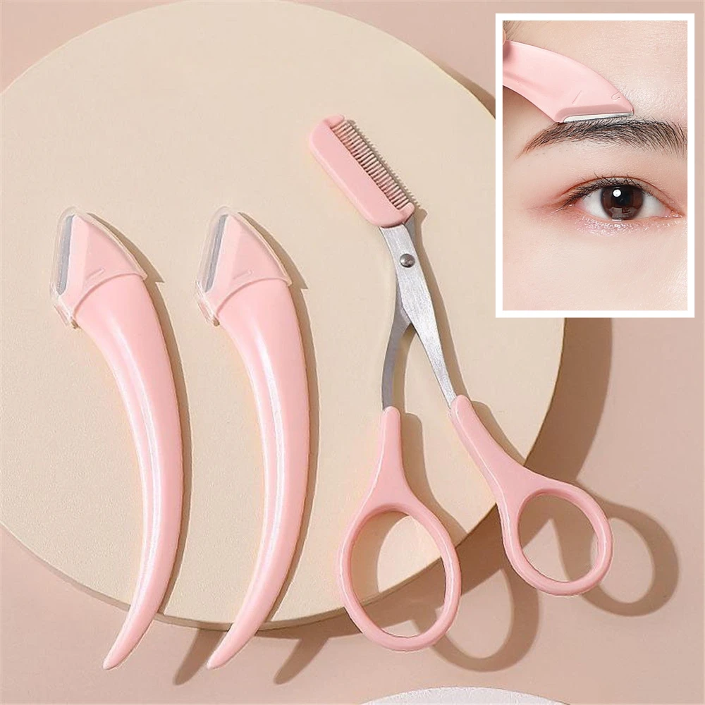 

2/3Pcs Folding Eyebrow Trimming Knife with Scissors Professional Pink & White Safety Razor Blades Eyebrow Grooming Set