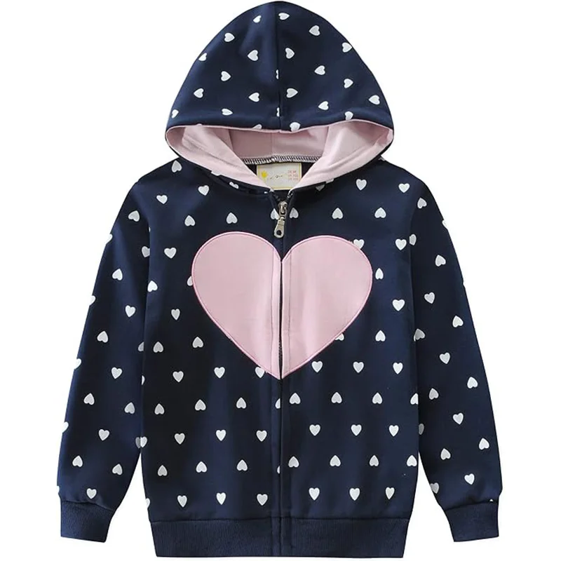 Little Hand Heart Graphic Kids Hooded Jacket Full‑Zip Long‑Sleeve Spring Autumn Casual Outer Coat for Toddler Girls 2‑7 Years
