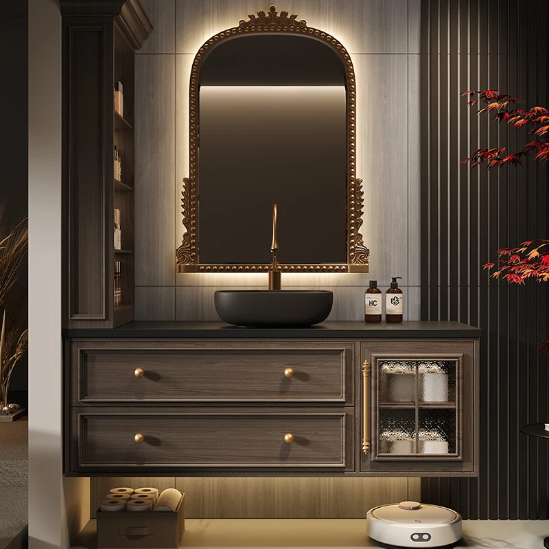 Bathroom Vanity With Aesthetic French Retro Oak Bathroom Cabinet Rock Plate Wash Basin Combination Bathroom Custom Wash Basin