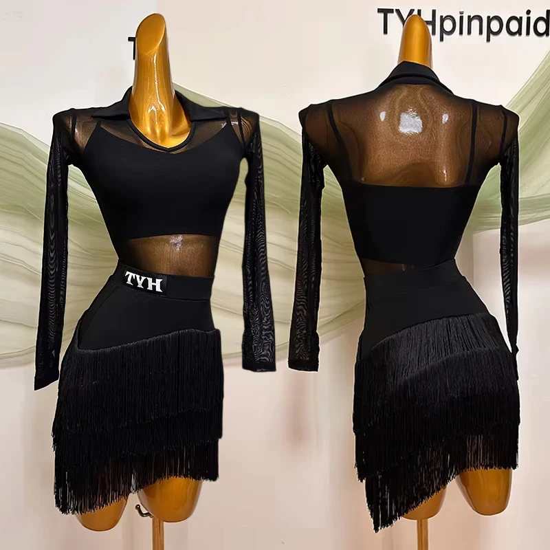

Black Mesh Latin Dance Dress Women Long Sleeve Leotard Skirt Set ChaCha Rumba Performance Clothes Female Training Dancewear 2803