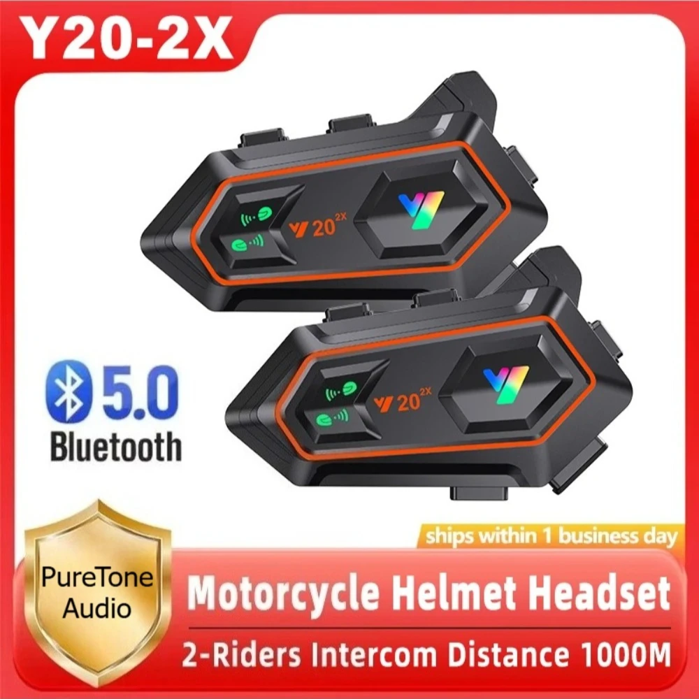 Y20 2X Motorcycle Helmet Bluetooth Headset 2-Riders Intercom 1000M RGB Light IPX6 Waterproof BT5.0 Voice Assistant Music Player