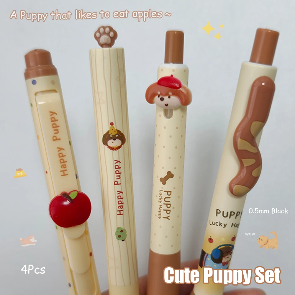 

Набор из 4 милых гелевых ручек с изображением щенков, 0,5 мм, быстросохнущие, с забавными животными, креативные, в виде мультяшных собак, черные, для школы и офиса