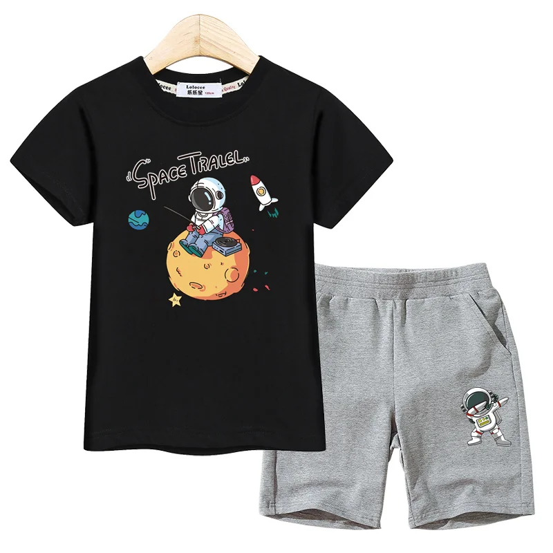 Ropa de verano para niños, camiseta de astronauta, pantalones cortos deportivos, conjunto de 2 piezas, disfraces de manga corta de dibujos animados