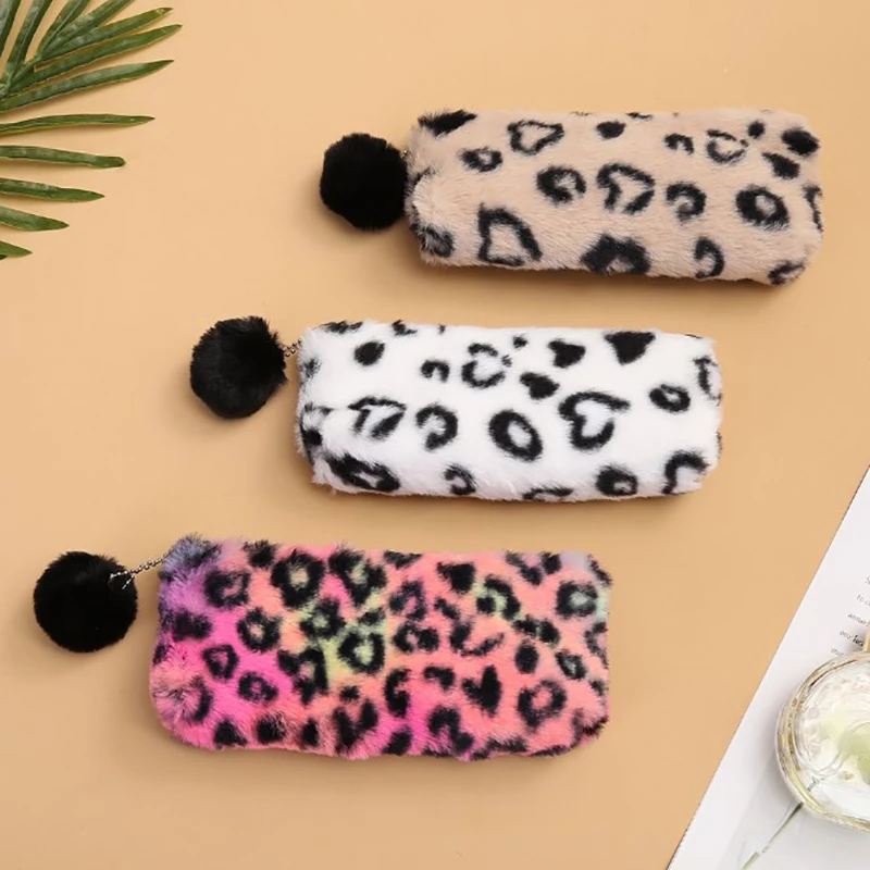 Winter Casual Fashion Leopard Print Plush Ball Pencil Bag Multi-functional Portable Stationery Storage Bag Women Makeup Pouch