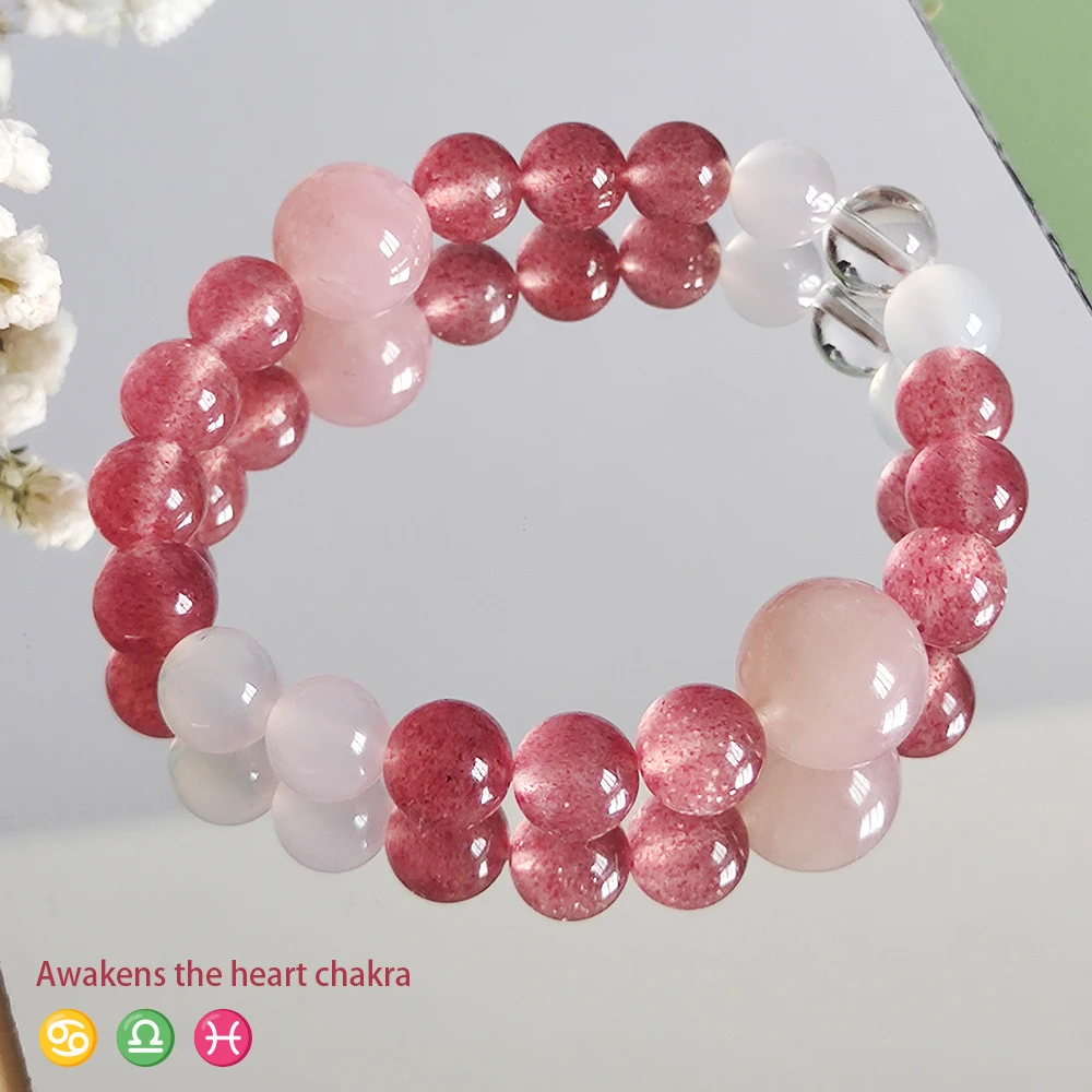 

UGCRYSTAL Rose Quartz Natural Bracelet Designer Stones With Pink Strawberry Crystal Chakra Zodiac Energy Healing Women's Jewelry