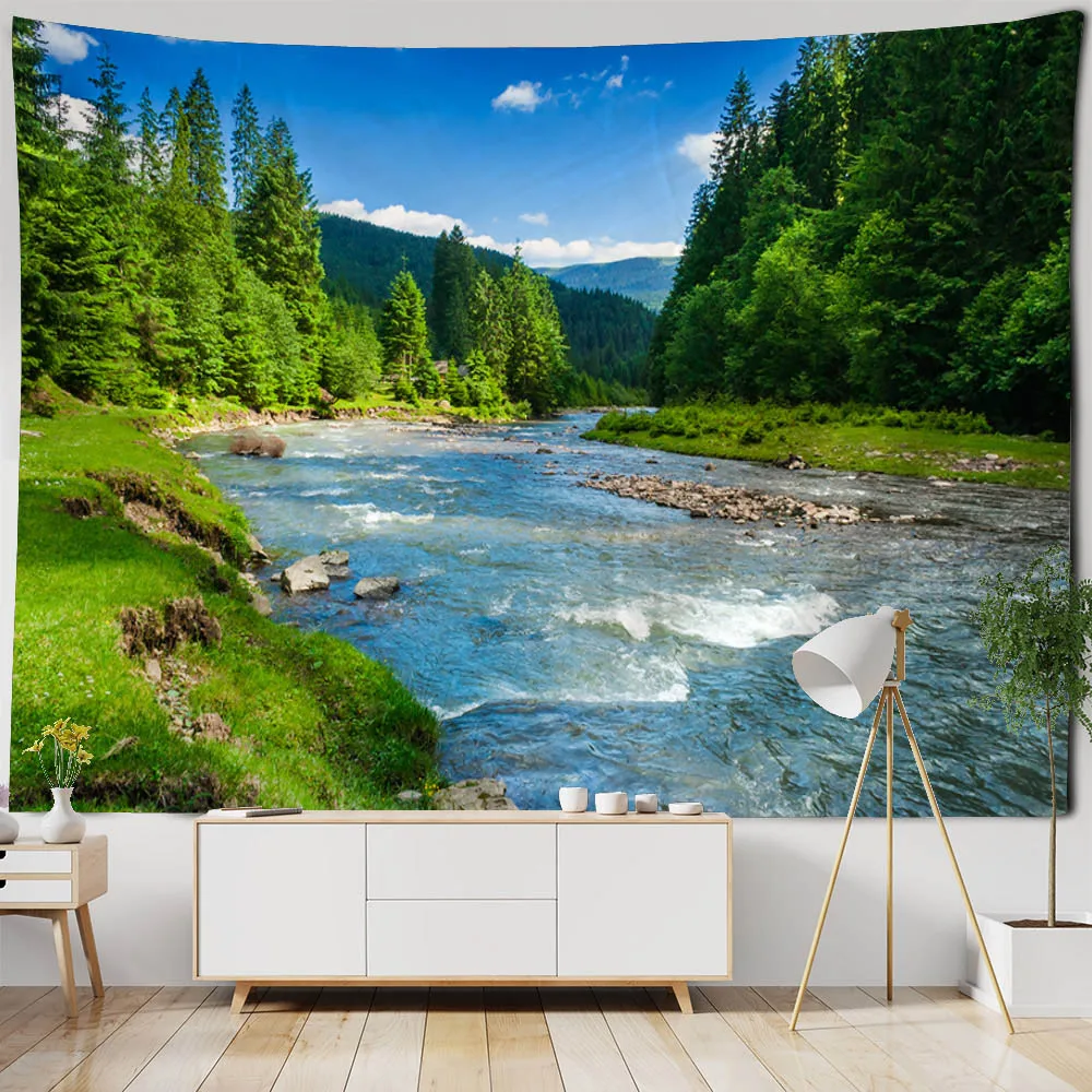 Natural mountain and river tapestry landscape, jungle waterfall wall hanging, suitable for home, office and dormitory decoration