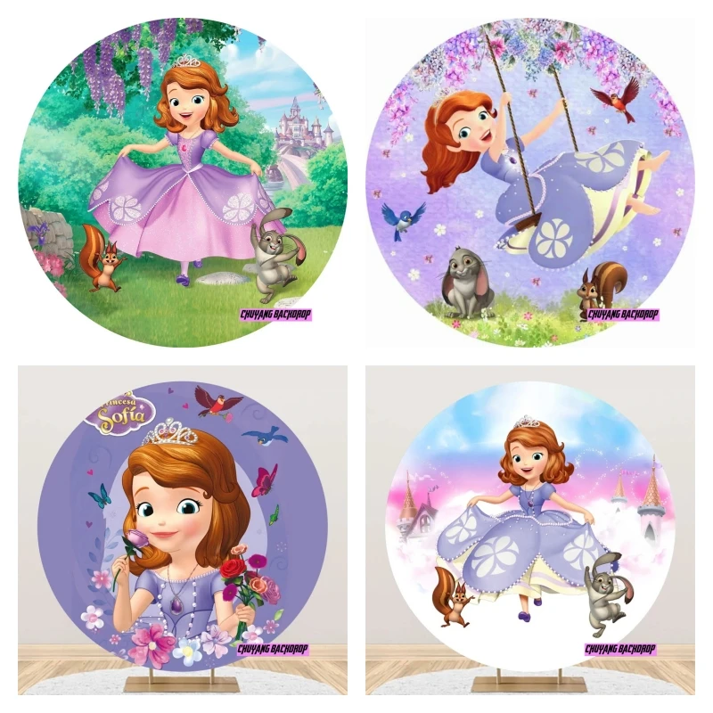 Little Cute Princess Sofia Castle Circle Backdrop Baby Shower Girl Birthday Party Decor Photo Round Background Elastic Banner