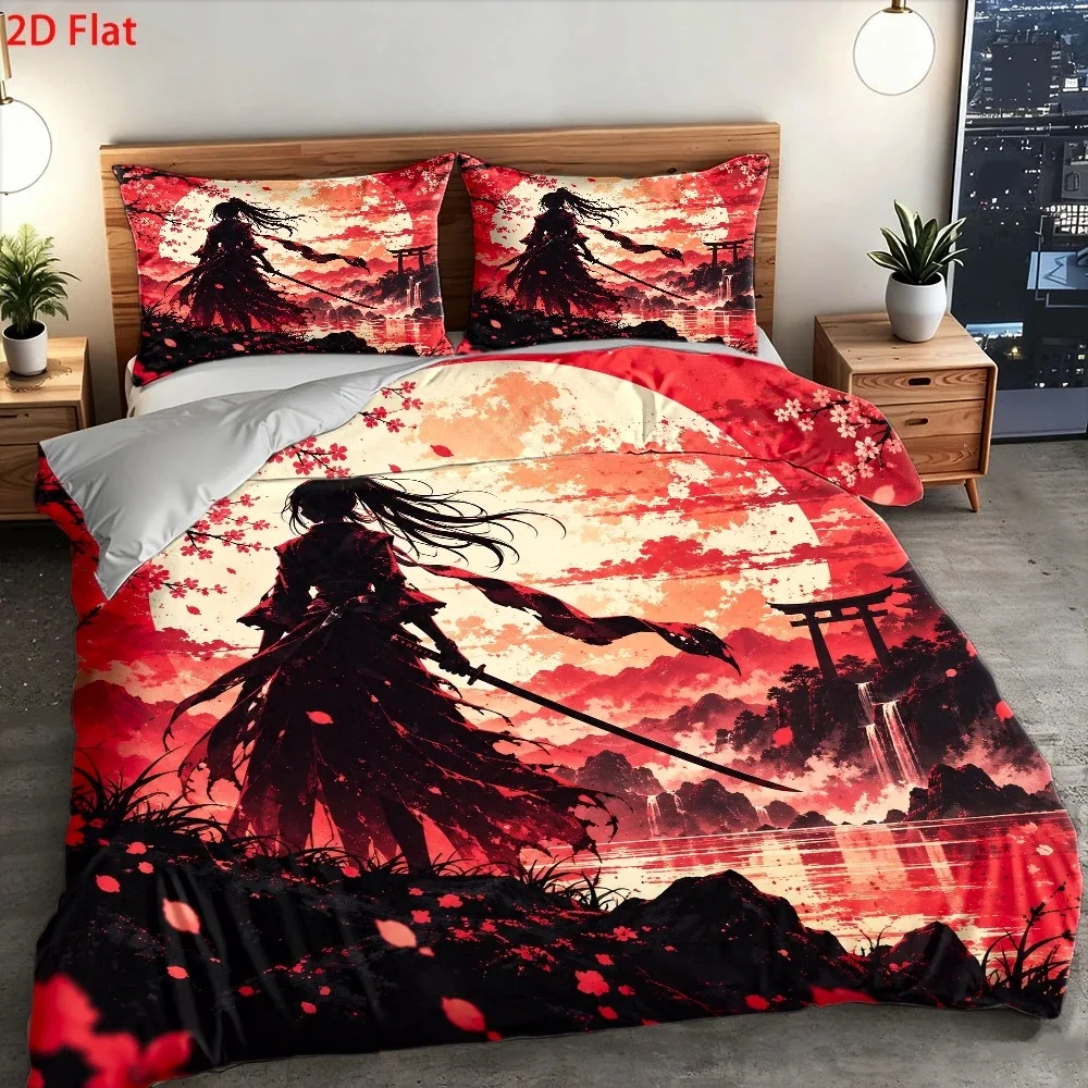 3Pcs Japanese Samurai Bedding Set Full Size Polyester Machine Washable Cherry Blossoms Cover Red Sun Hokusai Duvet Cover Fuji Mountain Quilt Cover