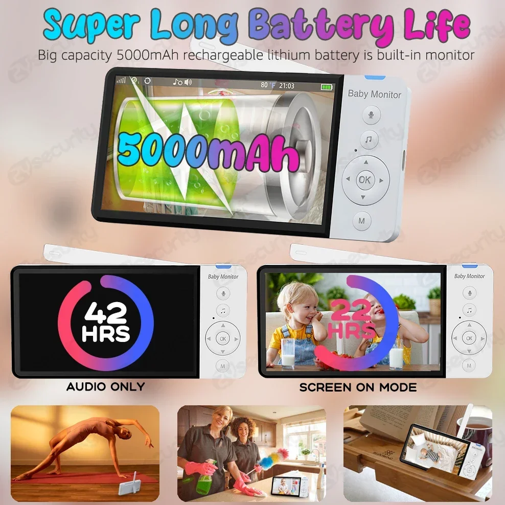 5 Inch Baby Monitor IPS Screen 5000mAh Battery Baby Phone PTZ Baby Camera Two-way Audio Nanny Video SD Card Slot,Night Vision