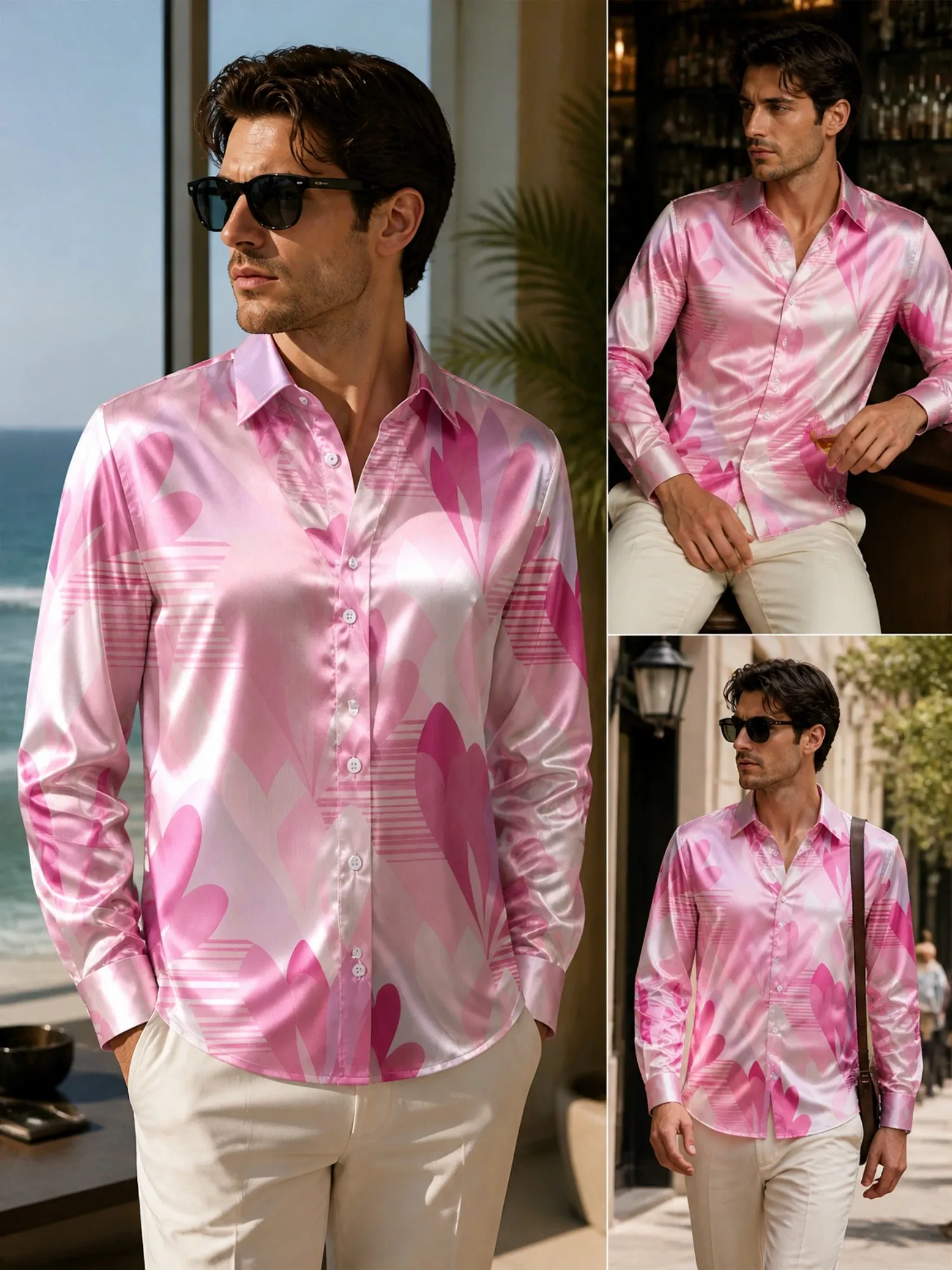 Mens Satin Long Sleeve Button Down Shirt Business Commute Printed Dress Shirt Smooth Glossy Fabric For Office Work Everyday Wear