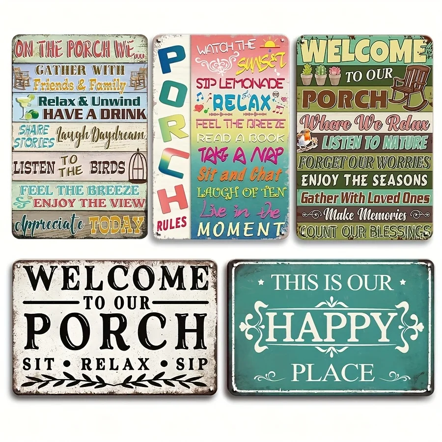 Vintage Metal Porch Wall Decor 5pcs Set - Fun Porch Rules and Welcome Sign, Suitable for Porches, Patios, Bars, Pubs - Rustic St